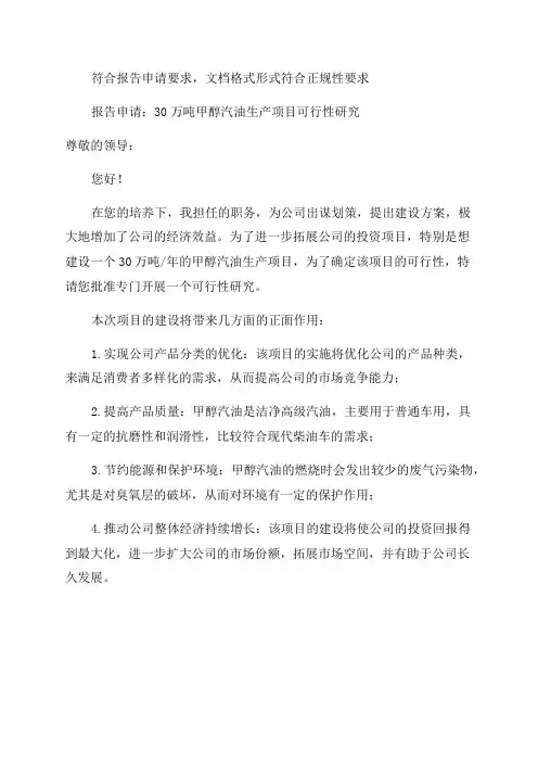 年产30万吨甲醇汽油生产项目可行性研究报告申请报告