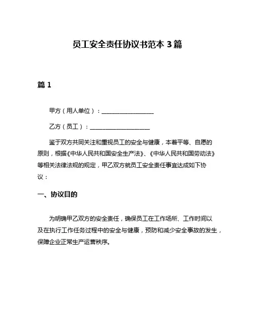 员工安全责任协议书范本3篇