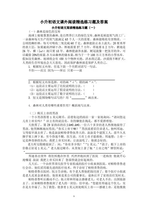 小升初语文课外阅读精选练习题及答案
