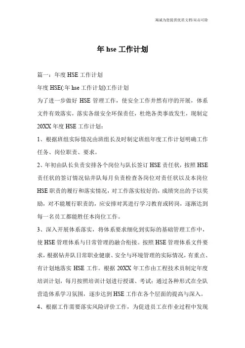 年hse工作计划