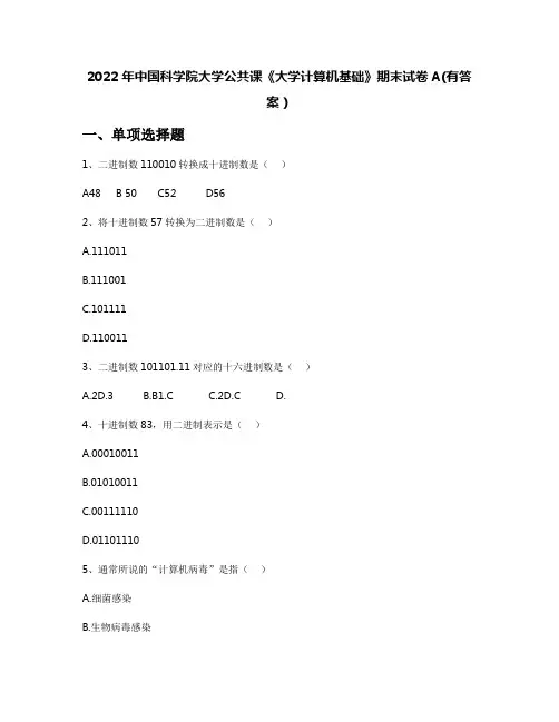 2022年中国科学院大学公共课《大学计算机基础》期末试卷A(有答案)