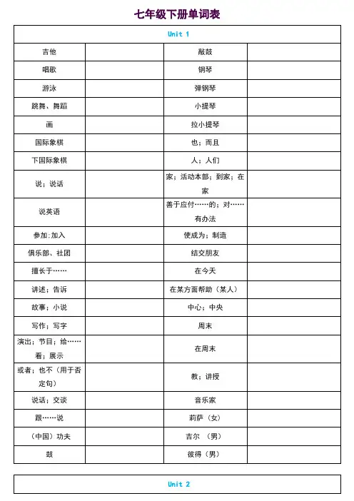 七年级下册英语单词(汉译英)