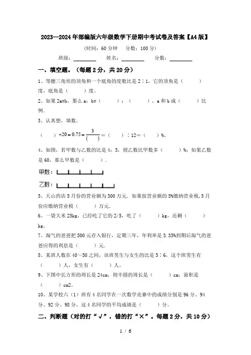 2023—2024年部编版六年级数学下册期中考试卷及答案【A4版】