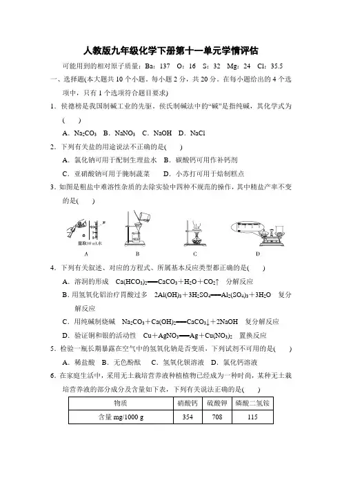人教版九年级化学下册第十一单元学情评估 附答案 (1)