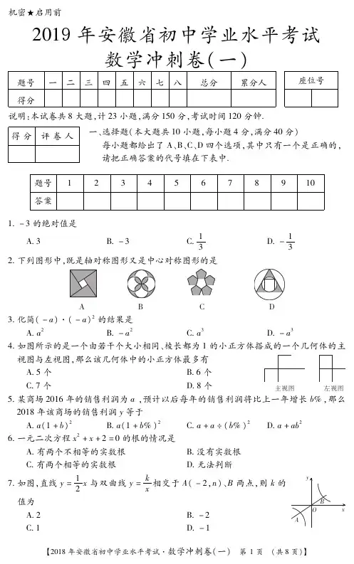 2019年安徽中考数学冲刺卷(2套)(含答案)