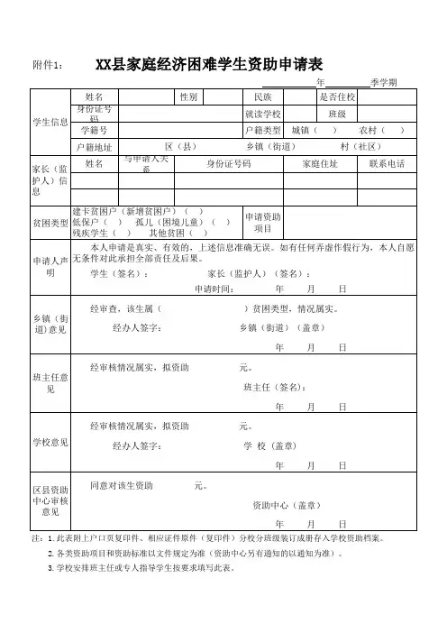 2017家庭经济困难学生资助申请表