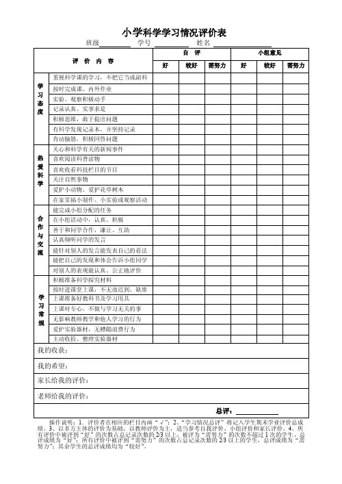 小学科学学习情况评价表