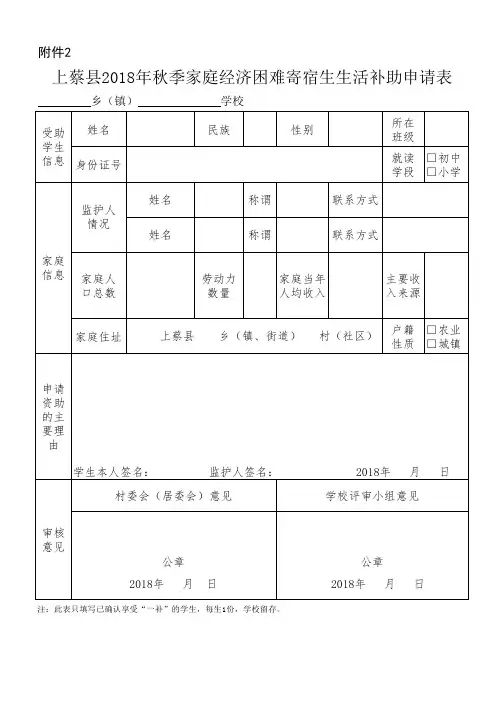寄宿生国家“一补”申请表