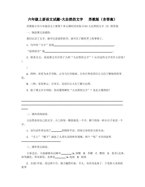 六年级上册语文试题-大自然的文字   苏教版(含答案)