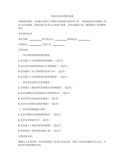 保密自查自纠整改表格