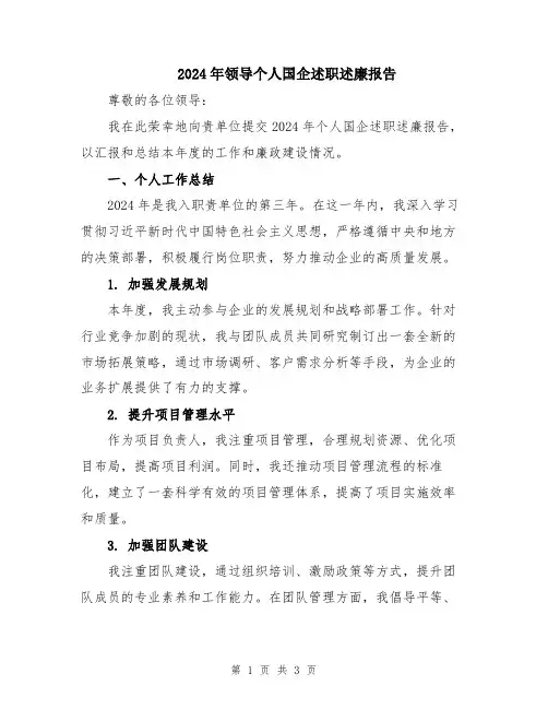 2024年领导个人国企述职述廉报告