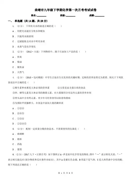 曲靖市九年级下学期化学第一次月考考试试卷