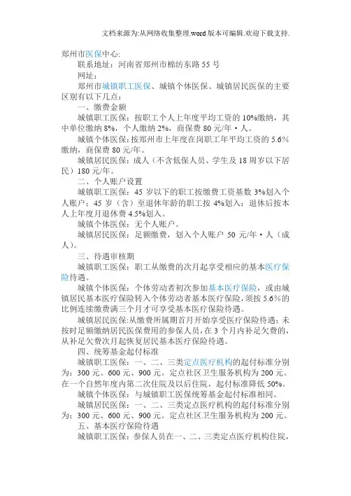 郑州市城镇职工医保、城镇个体医保、城镇居民医保的主要区别