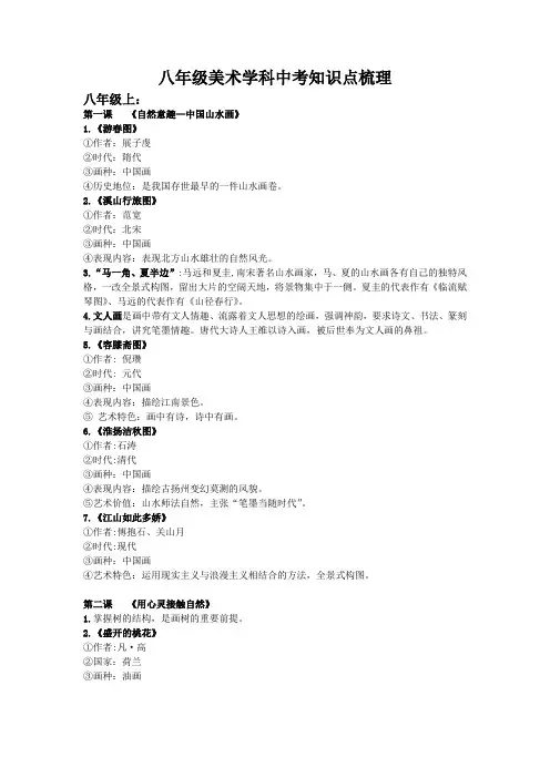江苏省泰州市八年级美术学科中考知识点总结梳理