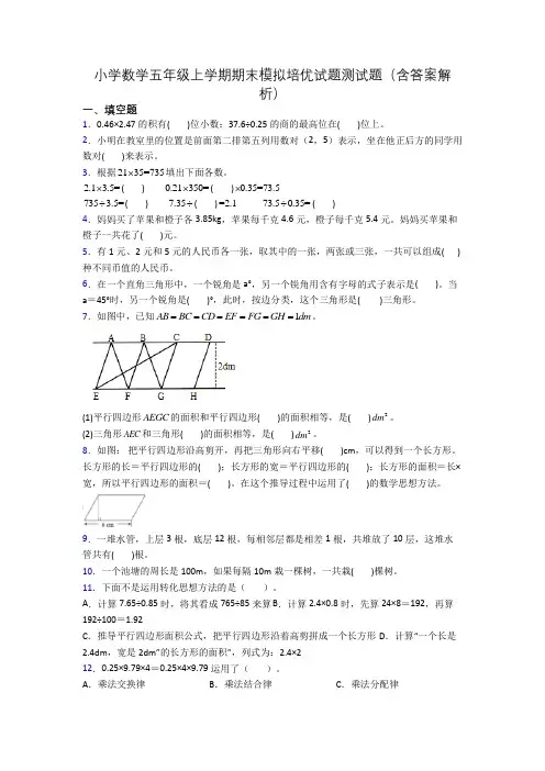 小学数学五年级上学期期末模拟培优试题测试题(含答案解析)
