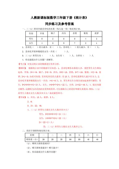 新人教新课标版三年级下数学(课课练)第3单元第1课时-统计表