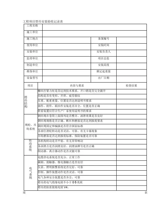 工程项目塔吊安装验收记录表