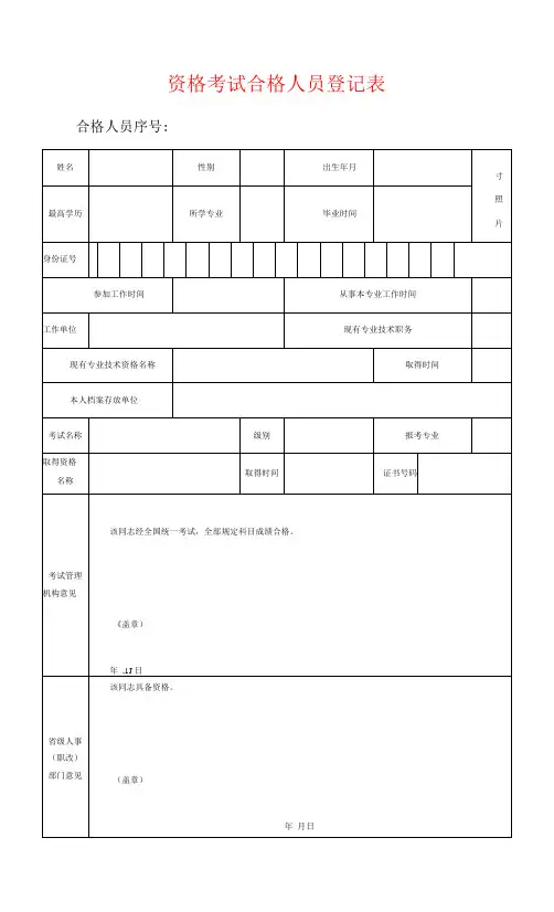 资格考试合格人员登记表