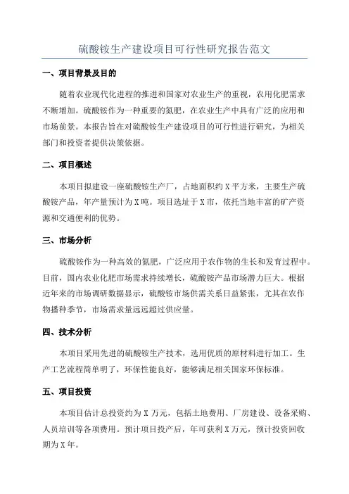 硫酸铵生产建设项目可行性研究报告范文