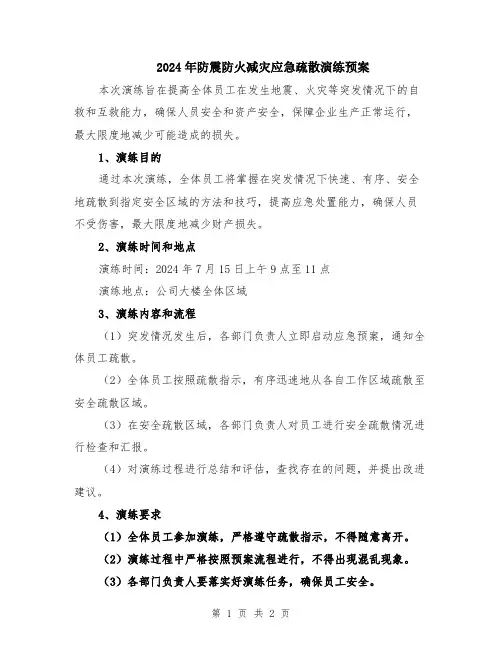 2024年防震防火减灾应急疏散演练预案