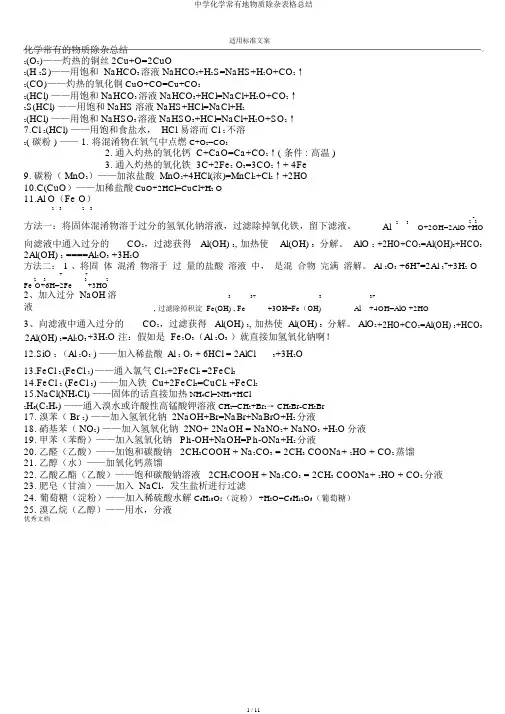 中学化学常见地物质除杂表格总结