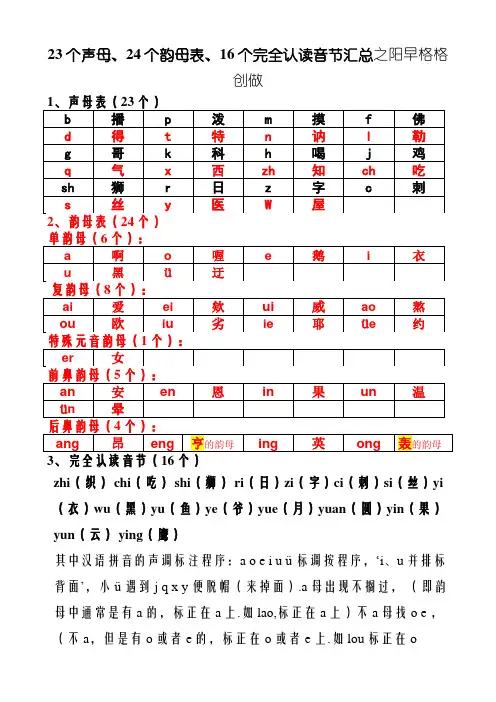 汉语拼音23个声母、24个韵母表、16个整体认读音节汇总