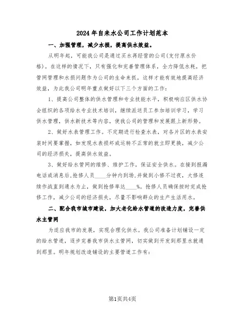 2024年自来水公司工作计划范本(2篇)