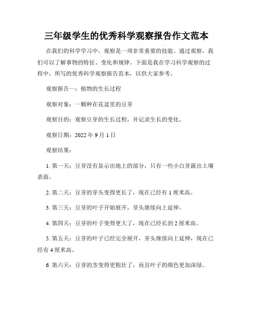 三年级学生的优秀科学观察报告作文范本