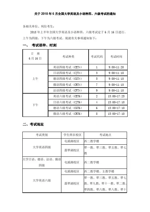 关于2018年6月全国大学英语和小语种四六级考试的通知