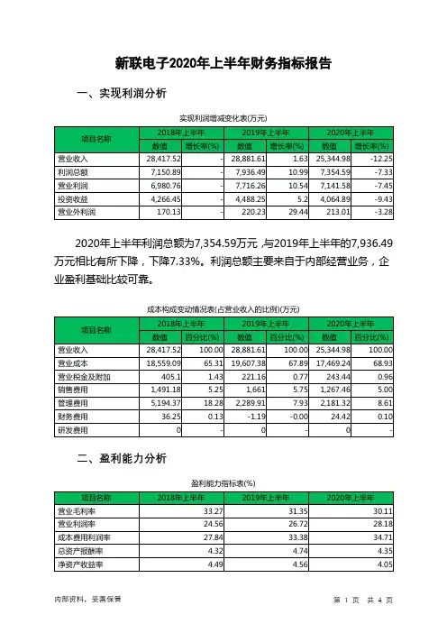 新联电子2020年上半年财务指标报告