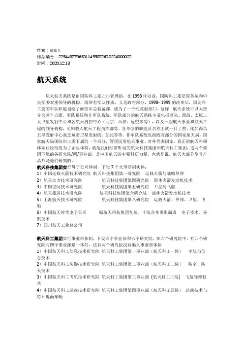 2020年航空航天系统各单位(详细介绍)