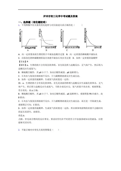 泸州市初三化学中考试题及答案