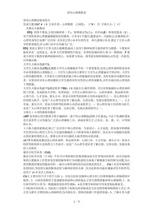 常用心理测量表