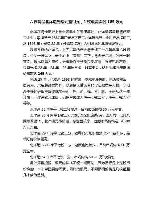六枚精品北洋造光绪元宝银元，1枚最高卖到165万元