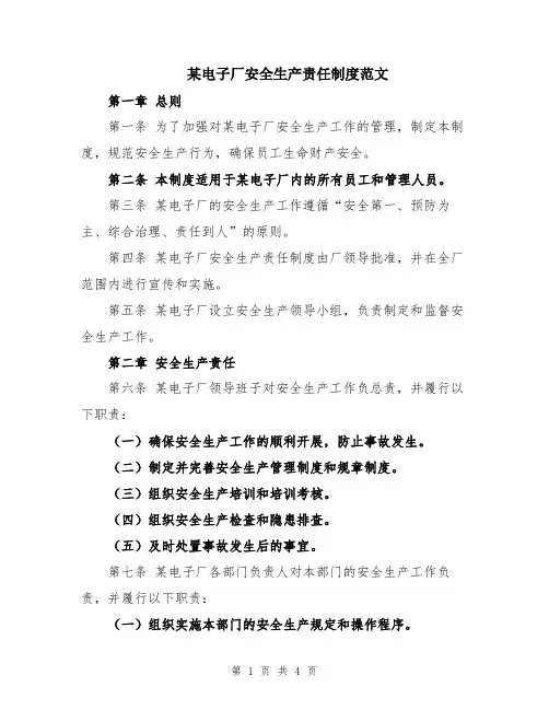 某电子厂安全生产责任制度范文