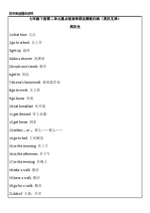 初中英语精品资料七年级下册第二单元重点短语和固定搭配归纳(英汉互译)