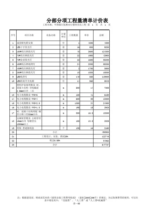 亮化报价表