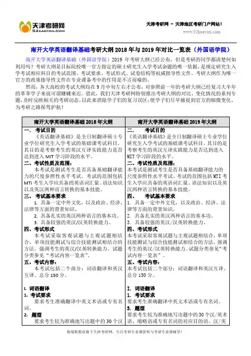 南开大学英语翻译基础考研大纲2018年与2019年对比一览表(外国语学院)