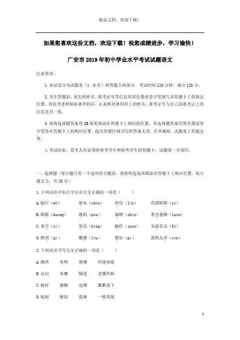 四川省广安市2019年中考语文真题试题