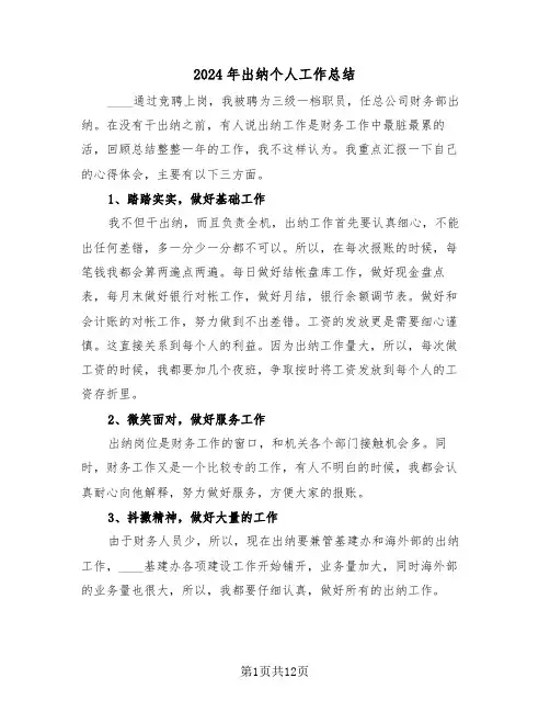 2024年出纳个人工作总结(6篇)