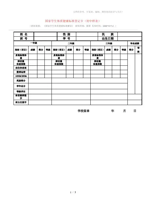 国家学生体质健康标准登记卡(初中样表)