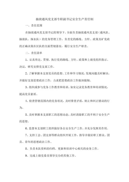 抽放通风党支部专职副书记安全生产责任制