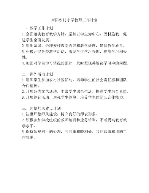 南阳农村小学教师工作计划