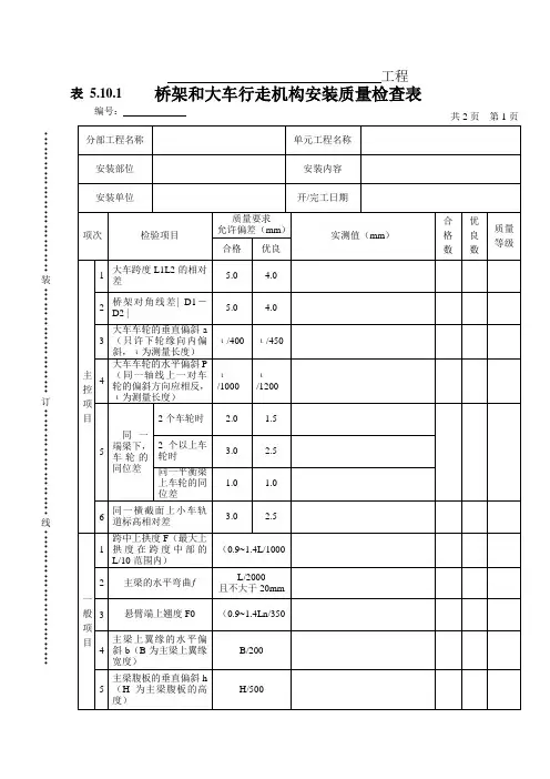 表 5.10.1桥架和大车行走机构安装质量检查表