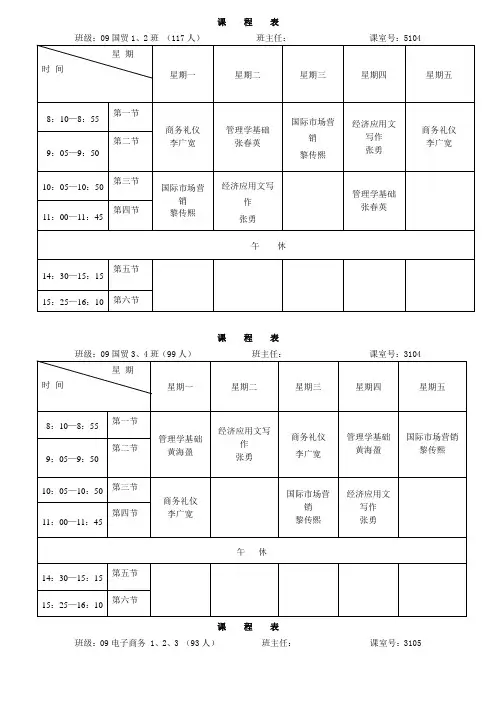 学第一学期经济系各班级课程表