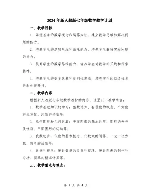 2024年新人教版七年级数学教学计划