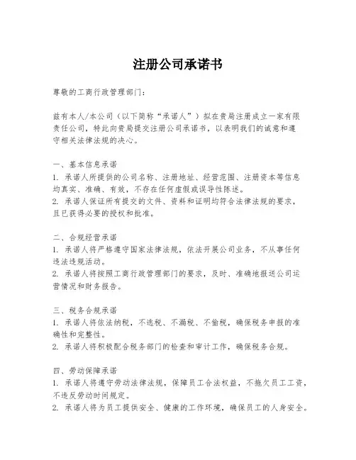 注册公司承诺书