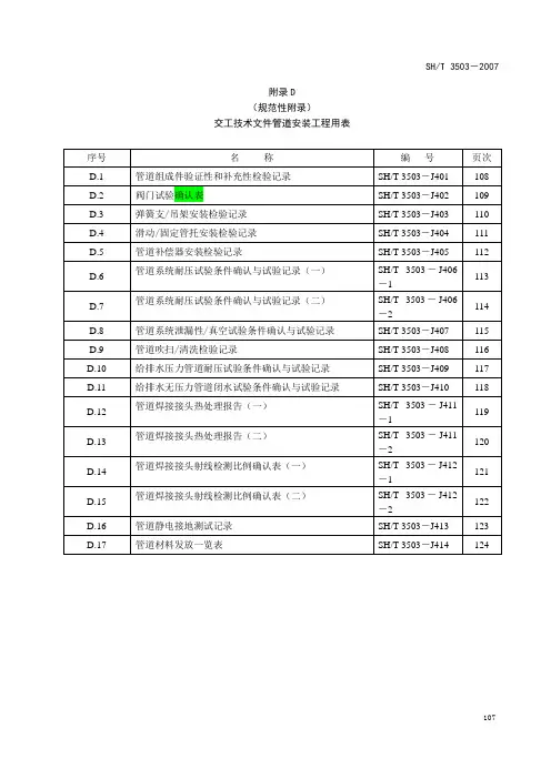 SHT3503-2007-石油化工建设工程项目交工技术文件规定-附录D和附录E-管道工程用表格式与电气交工表格