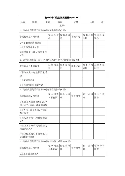 脑卒中专门化生活质量量表(SS-QOL)
