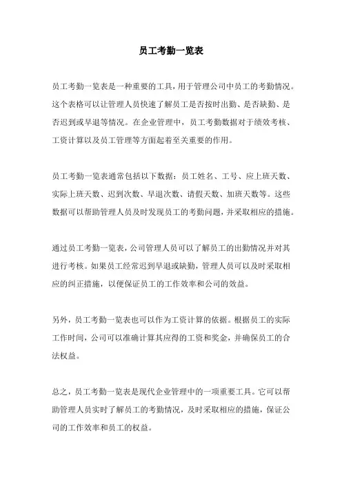 员工考勤一览表